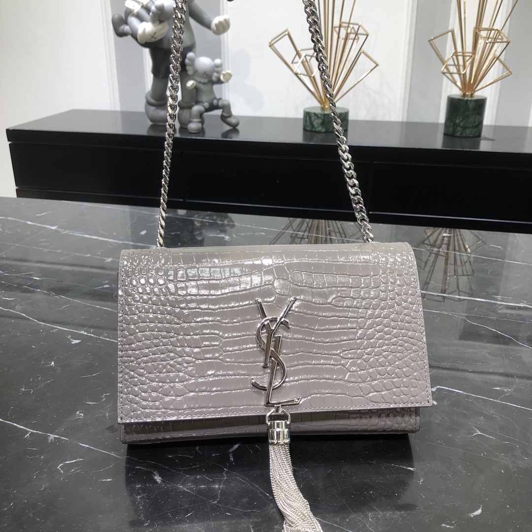 Saint Laurent Kate Tassel Small Crocodile Embossed Calfskin Shoulder Bag Handbag Grey 474366 Silver